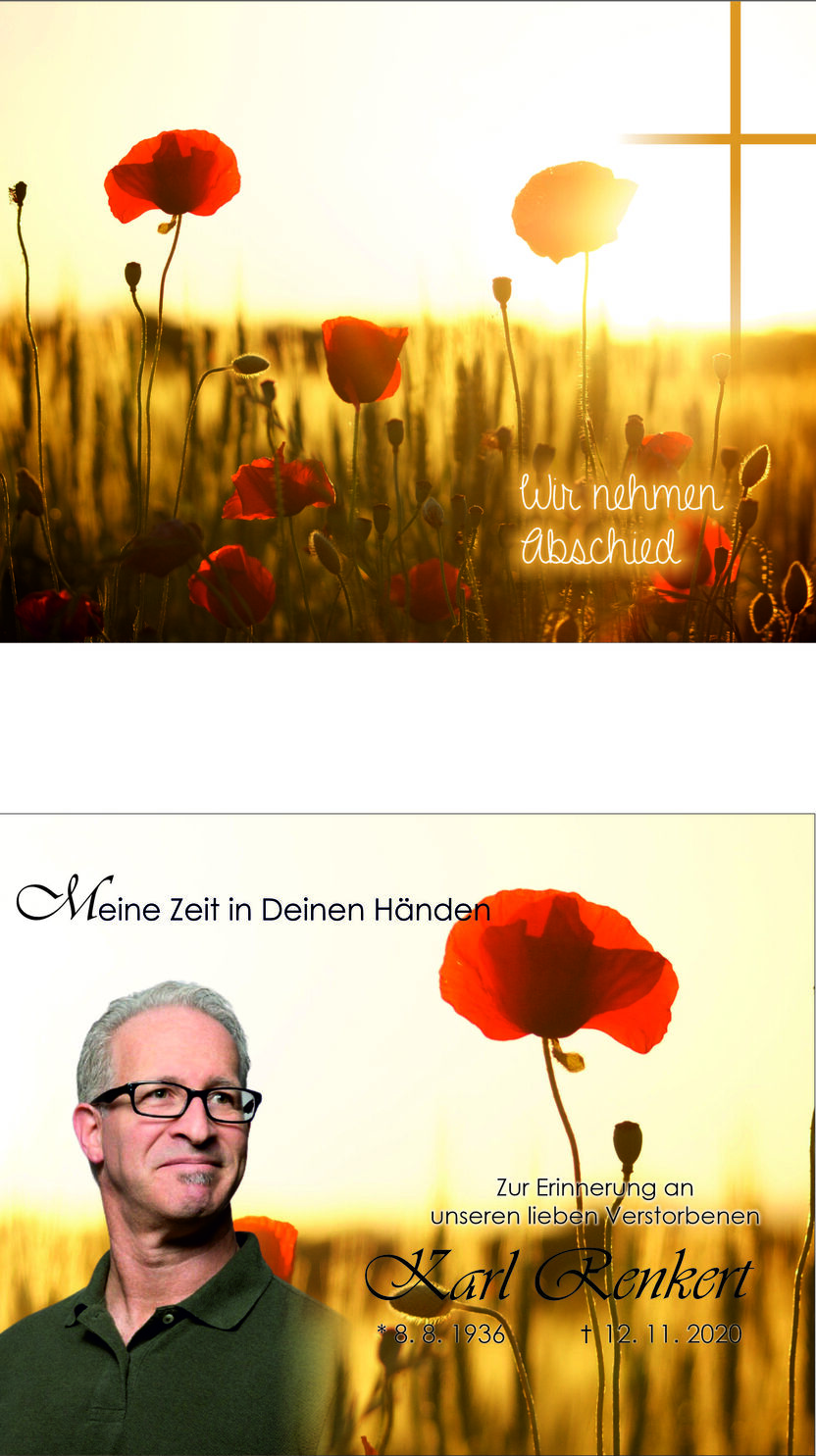 Blühende Mohnblumen vor einem Sonnenuntergang, mit Texten zur Erinnerung an Karl Renkert und eine Trauerbotschaft.