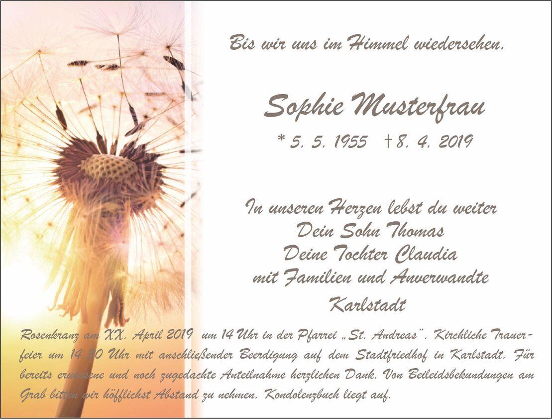 Trauerkarte mit Schirmblume, Namen, Geburts- und Sterbedatum sowie Trauerfeier-Details in eleganter Schrift.