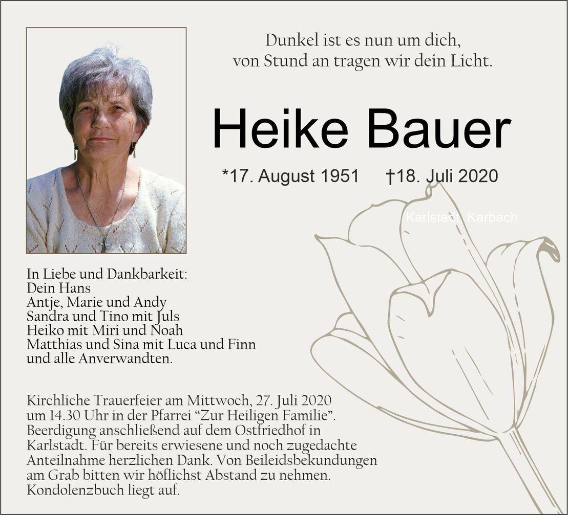 Traueranzeige für Heike Bauer mit Foto, Geburts- und Sterbedatum sowie Danksagungen und Details zur Trauerfeier.