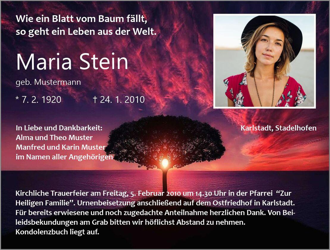 Traueranzeige für Maria Stein mit Bild, Daten und Trauergottesdienst-Informationen, vor einem farbenfrohen Sonnenuntergang.