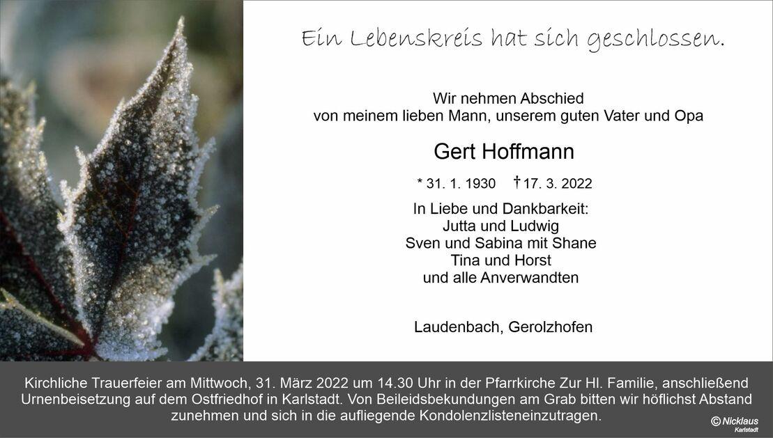 Sterbebild mit frostbedecktem Blatt und Trauertext für Gert Hoffmann, 1930–2022, Beerdigungsdetails unten.