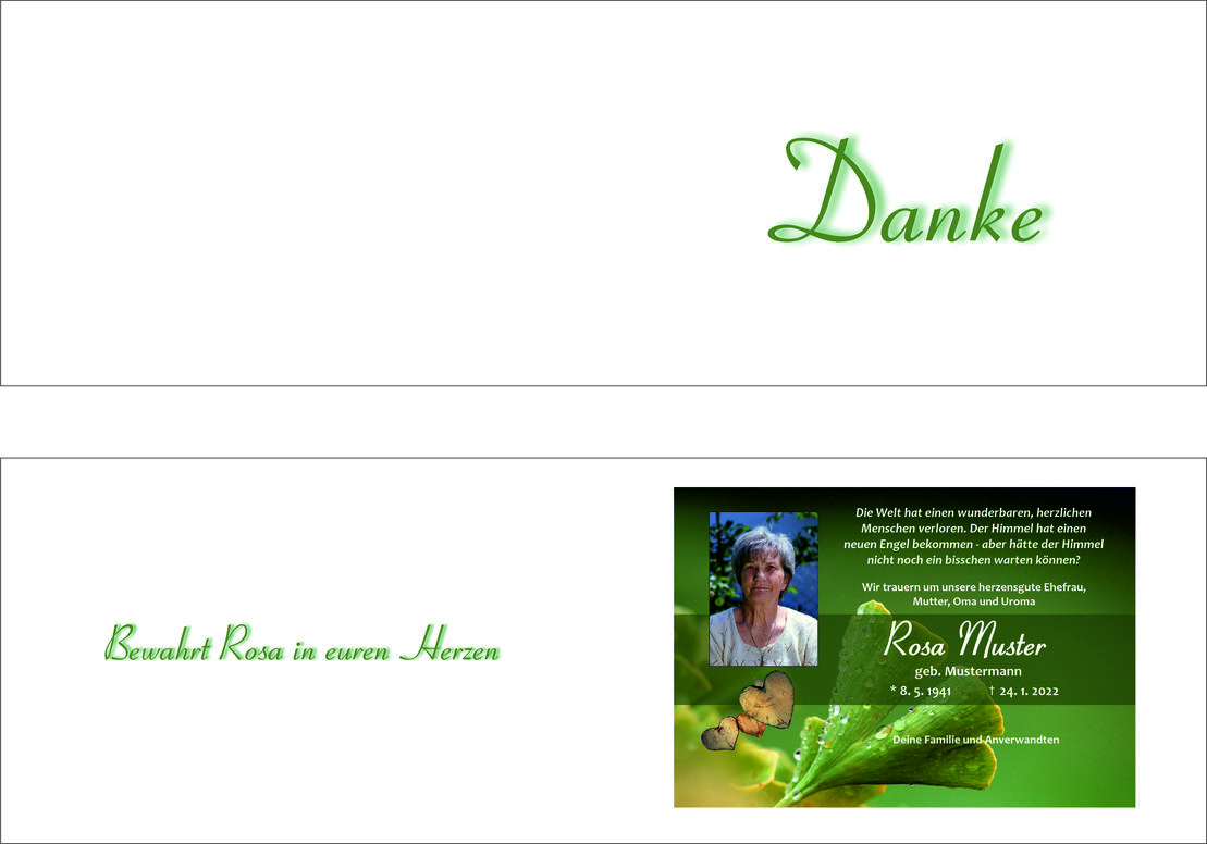Traueranzeige mit Foto von Rosa Muster, Text über ihr Leben und Dankesworte, umgeben von grünen Blättern und Herzen.