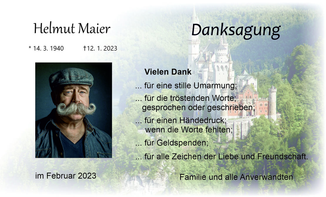 Ausdrucksvolles Porträt eines Mannes mit großem Schnurrbart und Mütze, ergänzt durch eine Dankesbotschaft und Schloss im Hintergrund.